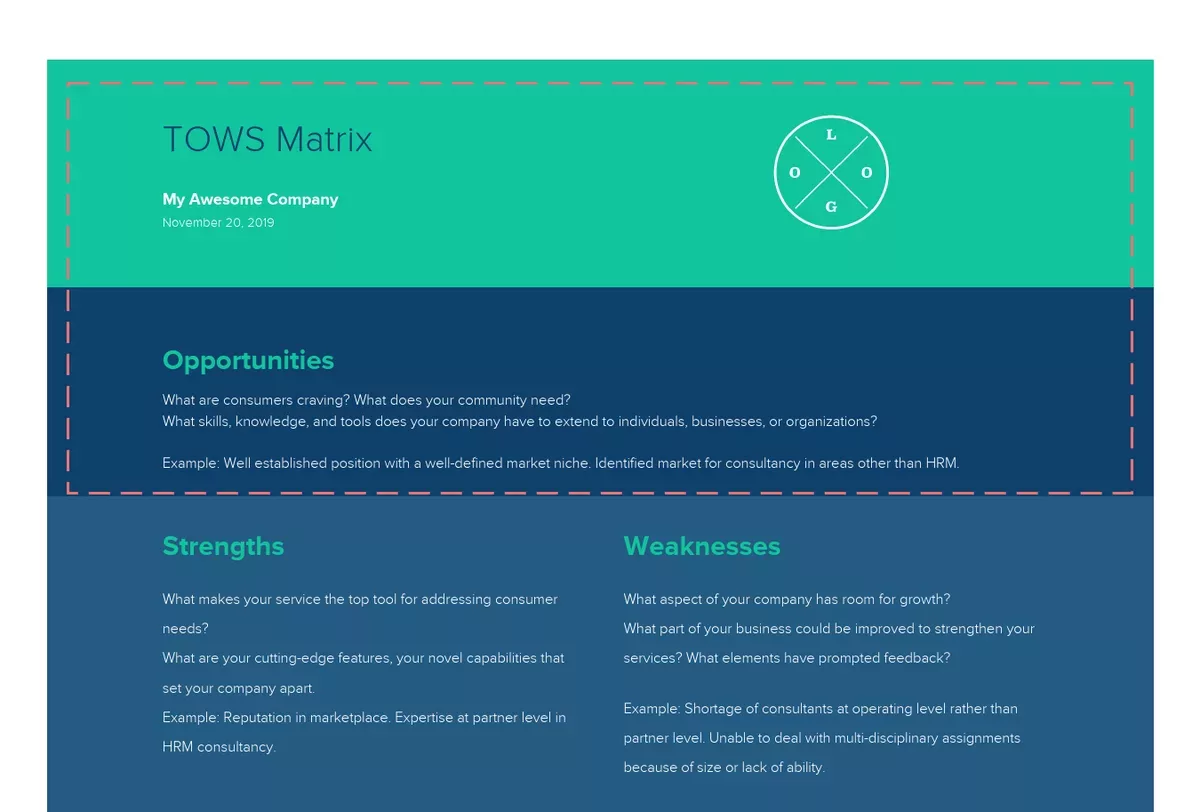 Create Your Tows Matrix Header And Identify Opportunities In The Market.