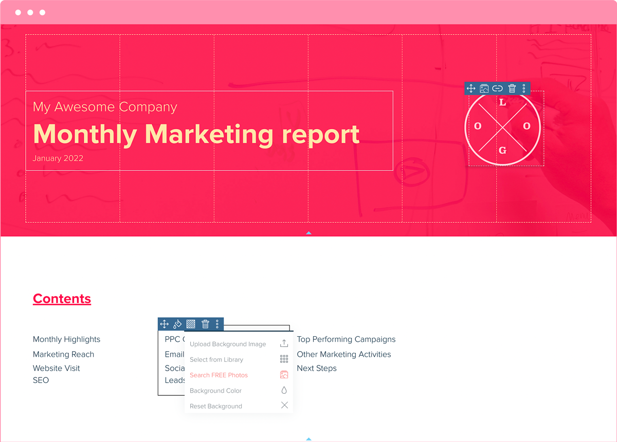 Report Header And Table Of Contents, Monthly Marketing Report Template