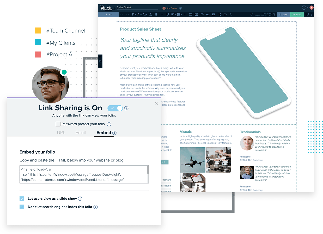 Sales Xtensio Dashboard View With Sales Sheet Template, Link Sharing Module Among Other Features