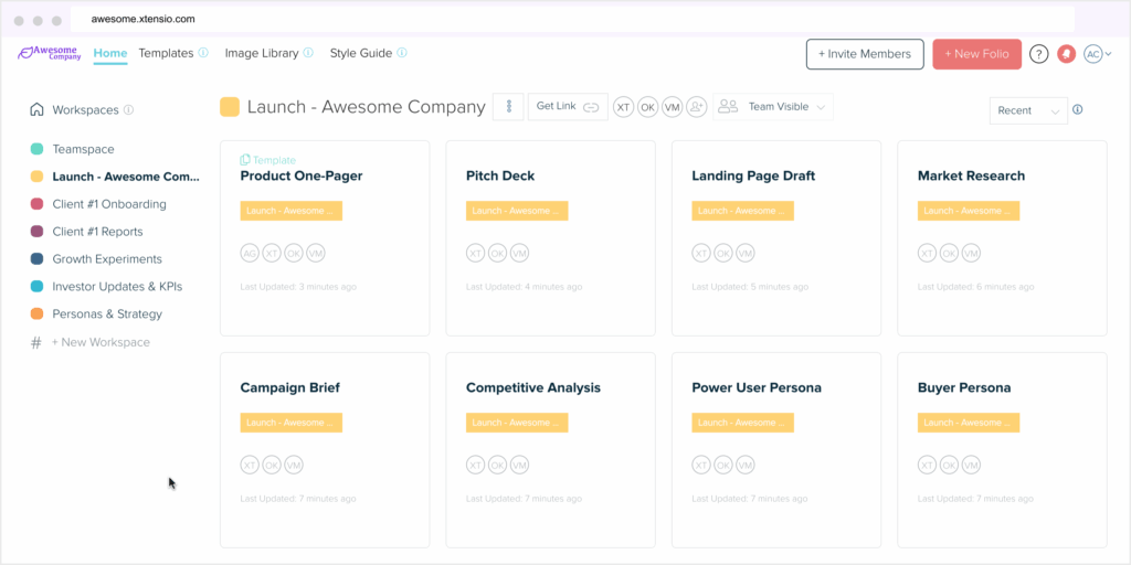Xtensio Workspace Showing A Company Launch Project With Personas, Pitch Deck, One-Pager, Campaign Brief, And Strategy Folios.